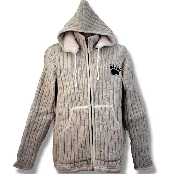 100% Wool Rib Jacket with Bear Paws/ Zip off hood with fleece lining for men and women. Handmade in Nepal.