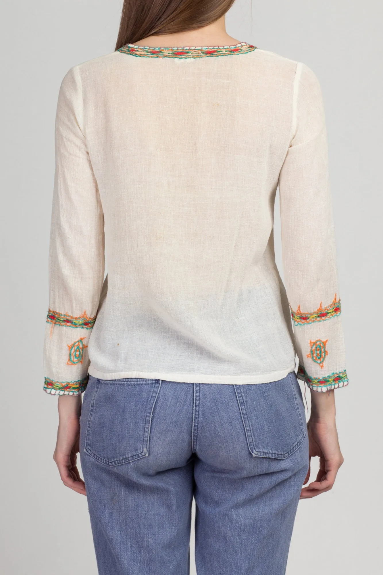 70s Floral Embroidered Peasant Shirt - Small