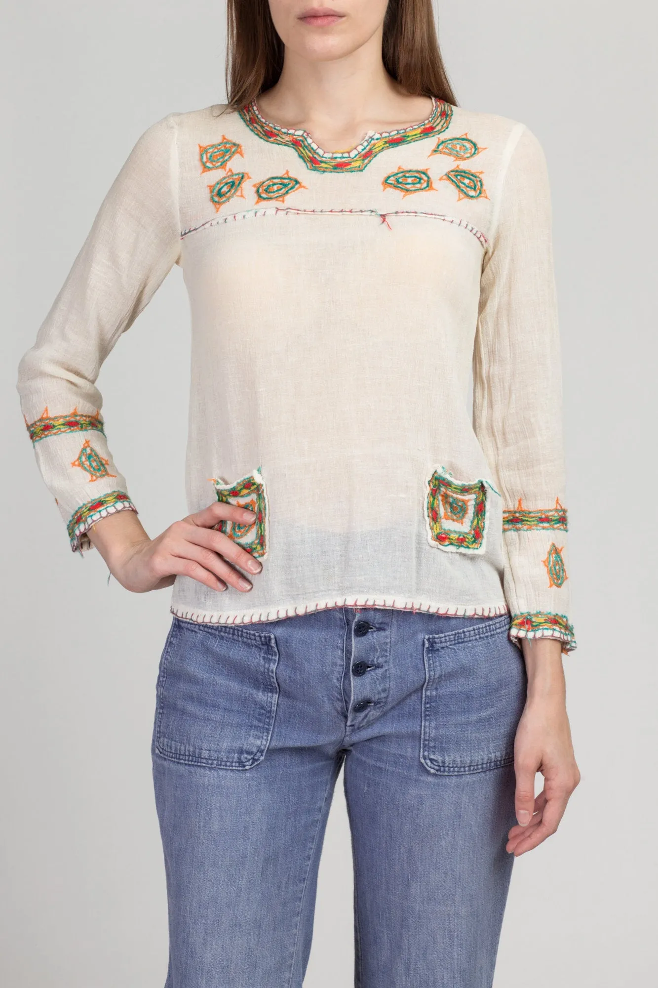 70s Floral Embroidered Peasant Shirt - Small