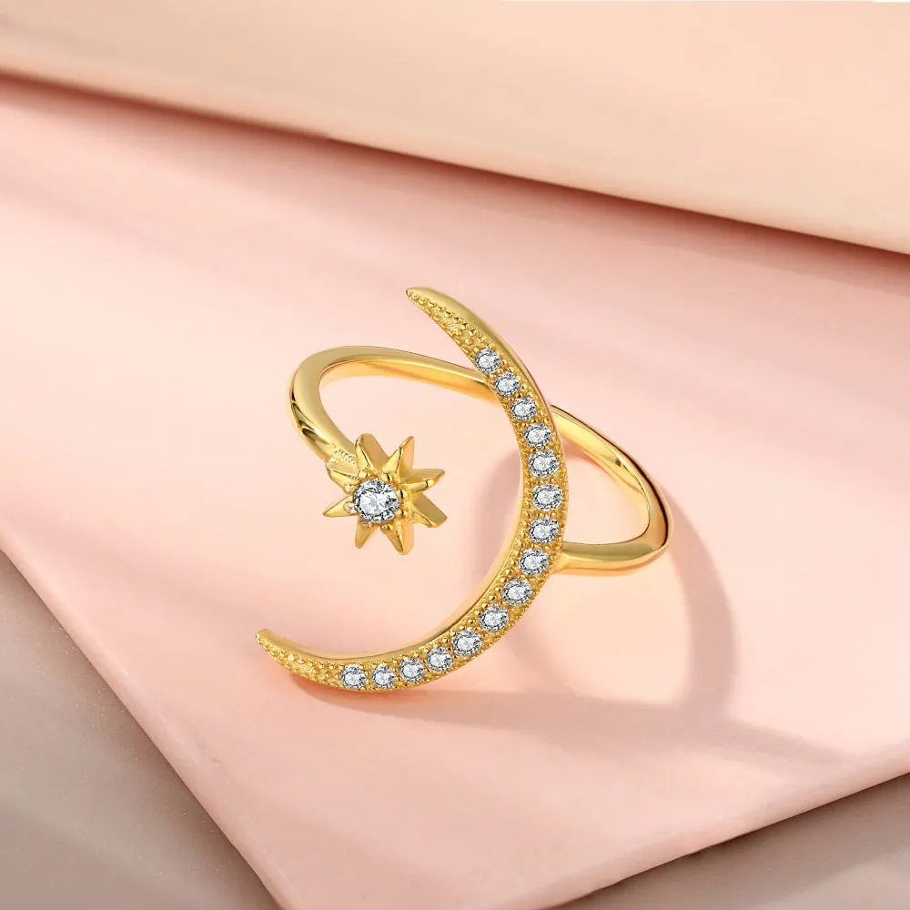 925 Sterling Silver Star Moon Open Ring