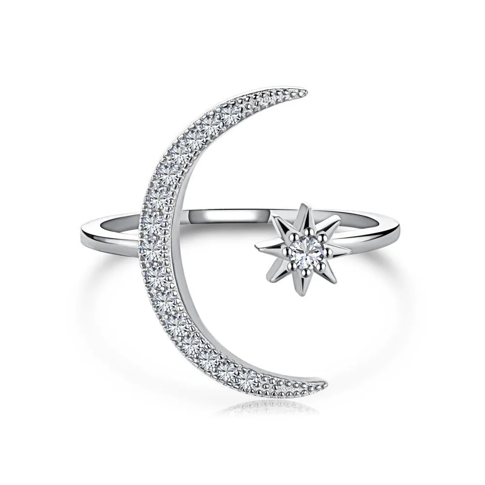 925 Sterling Silver Star Moon Open Ring