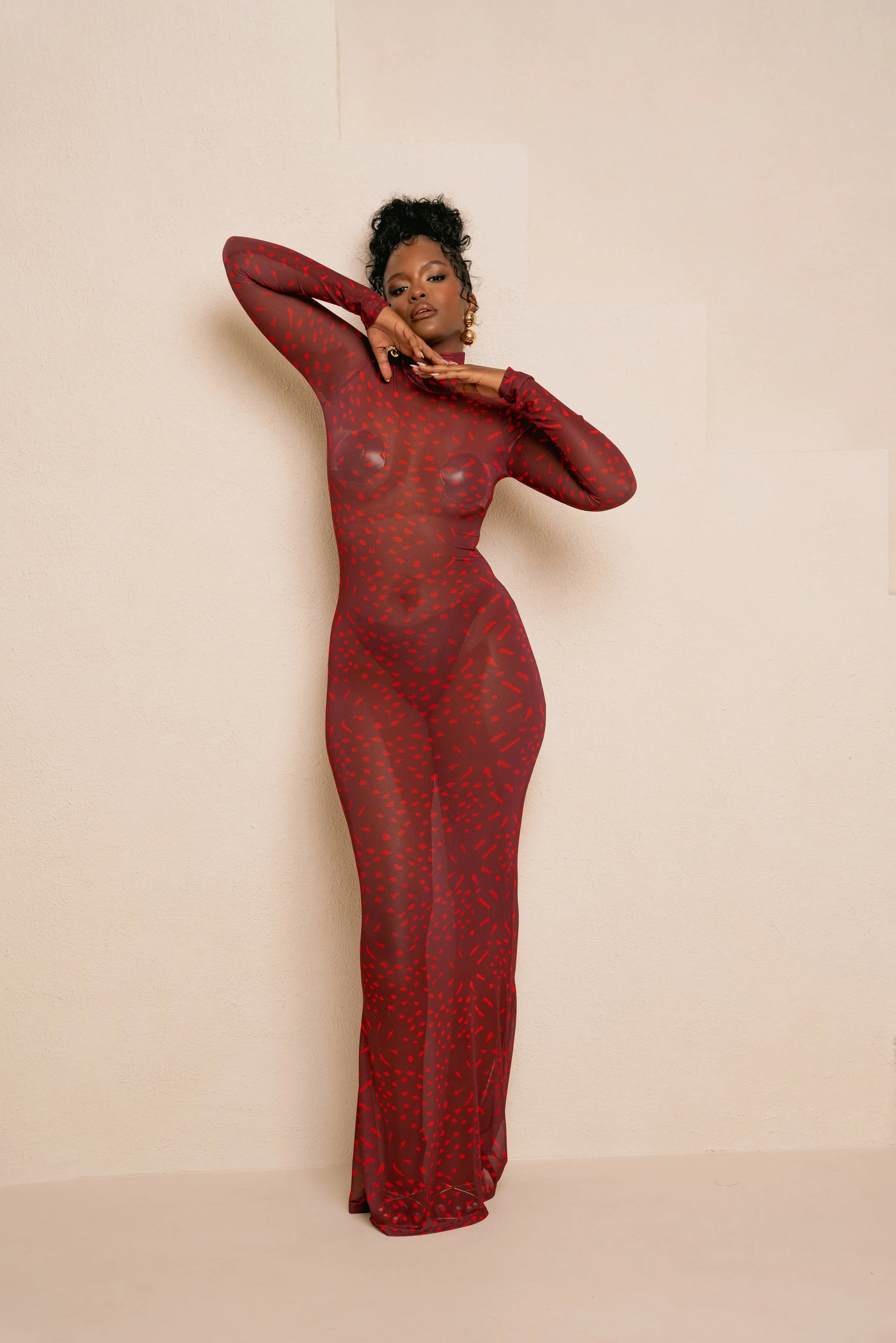 AMINAH RED LONG SLEEVE MAXI MESH DRESS