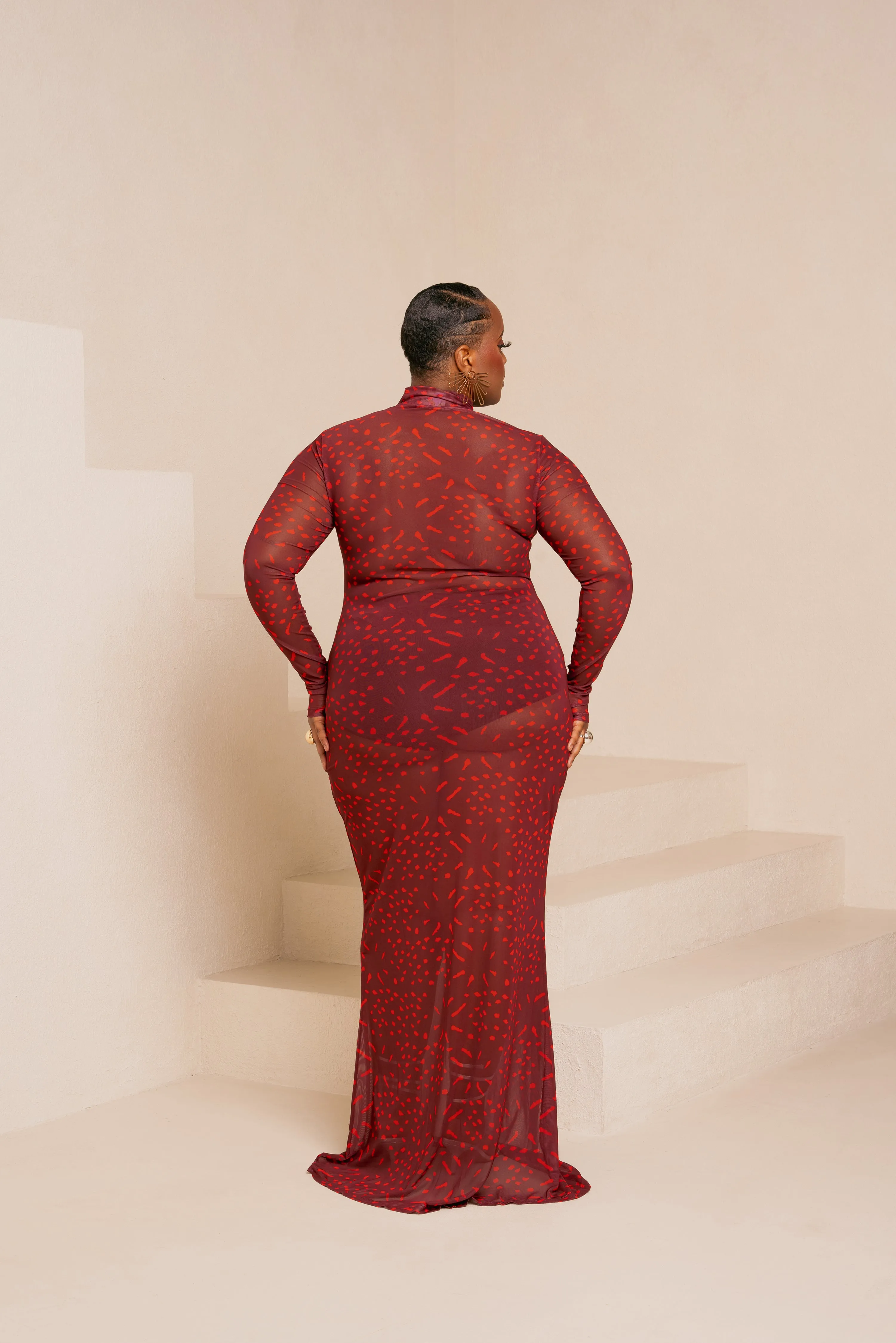 AMINAH RED LONG SLEEVE MAXI MESH DRESS