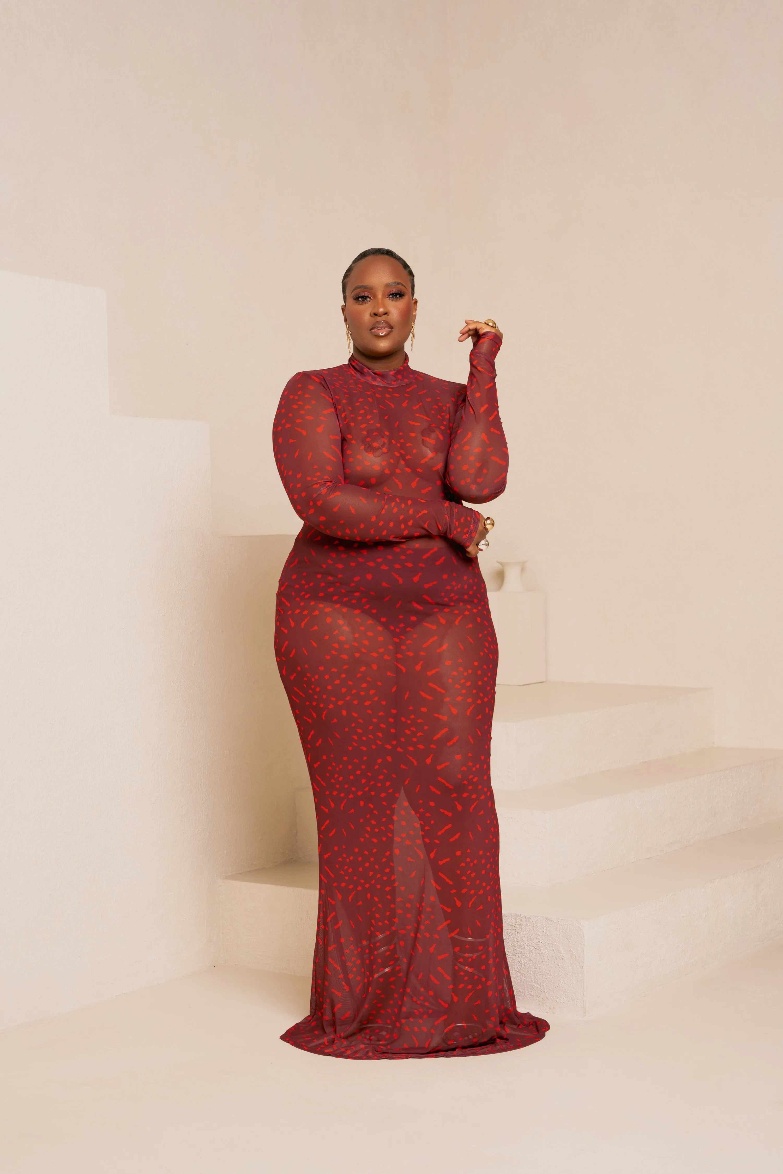 AMINAH RED LONG SLEEVE MAXI MESH DRESS