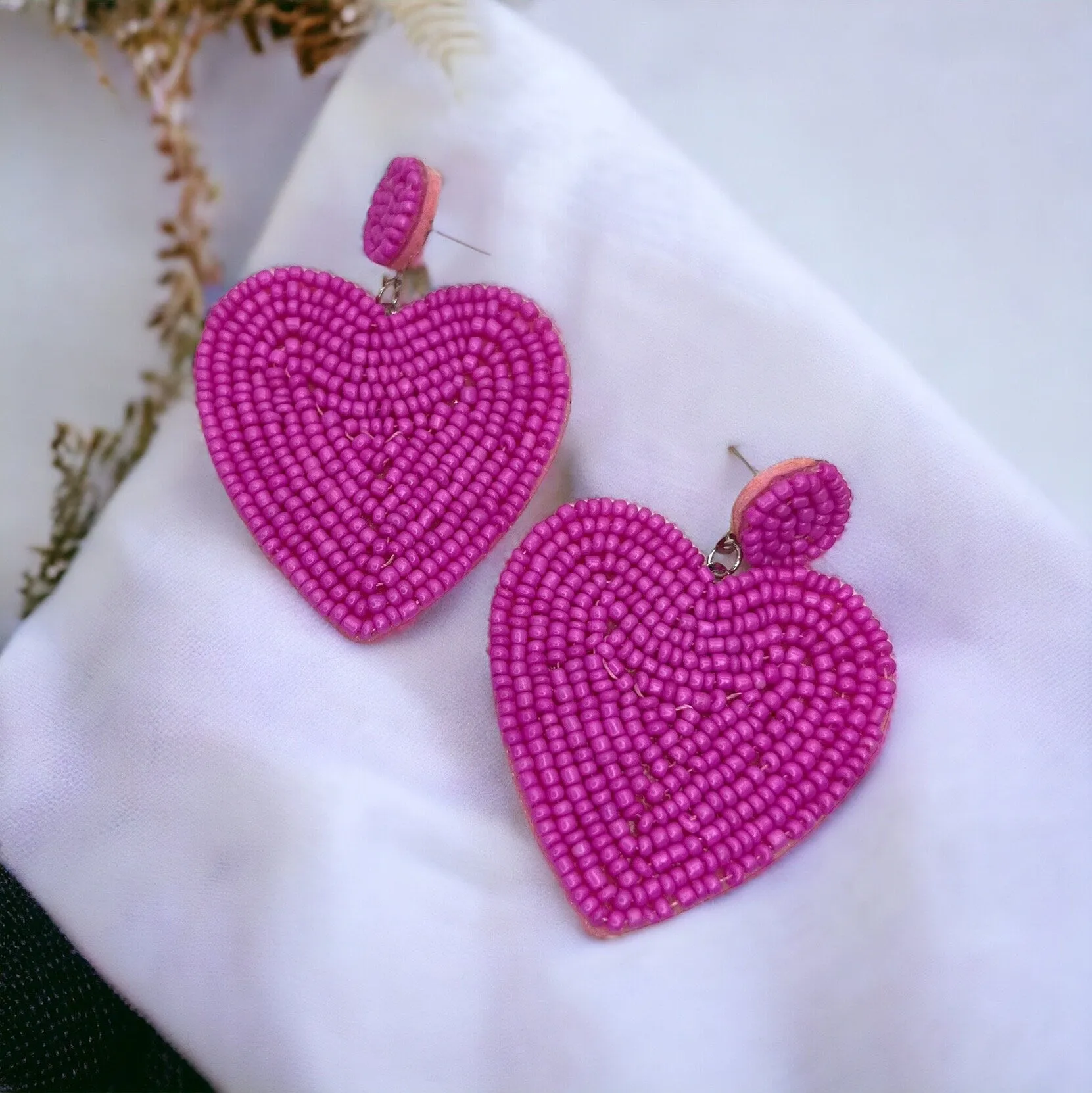 Beaded Heart Earrings - Happy Valentine’s Day, Pink Heart, Heart Earrings, Valentine’s Earrings, Valentine Gift, Love Earrings, Hot Pink