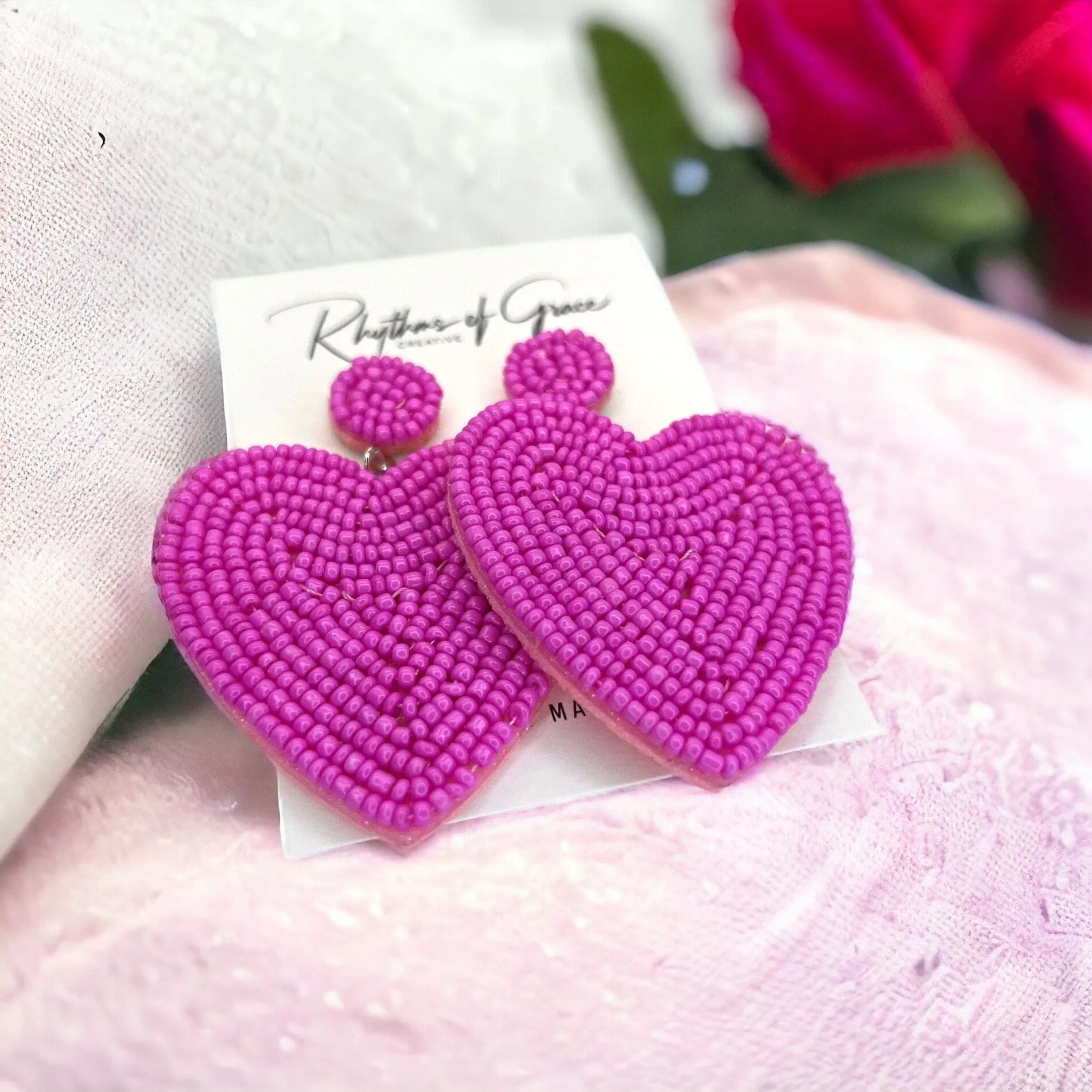 Beaded Heart Earrings - Happy Valentine’s Day, Pink Heart, Heart Earrings, Valentine’s Earrings, Valentine Gift, Love Earrings, Hot Pink