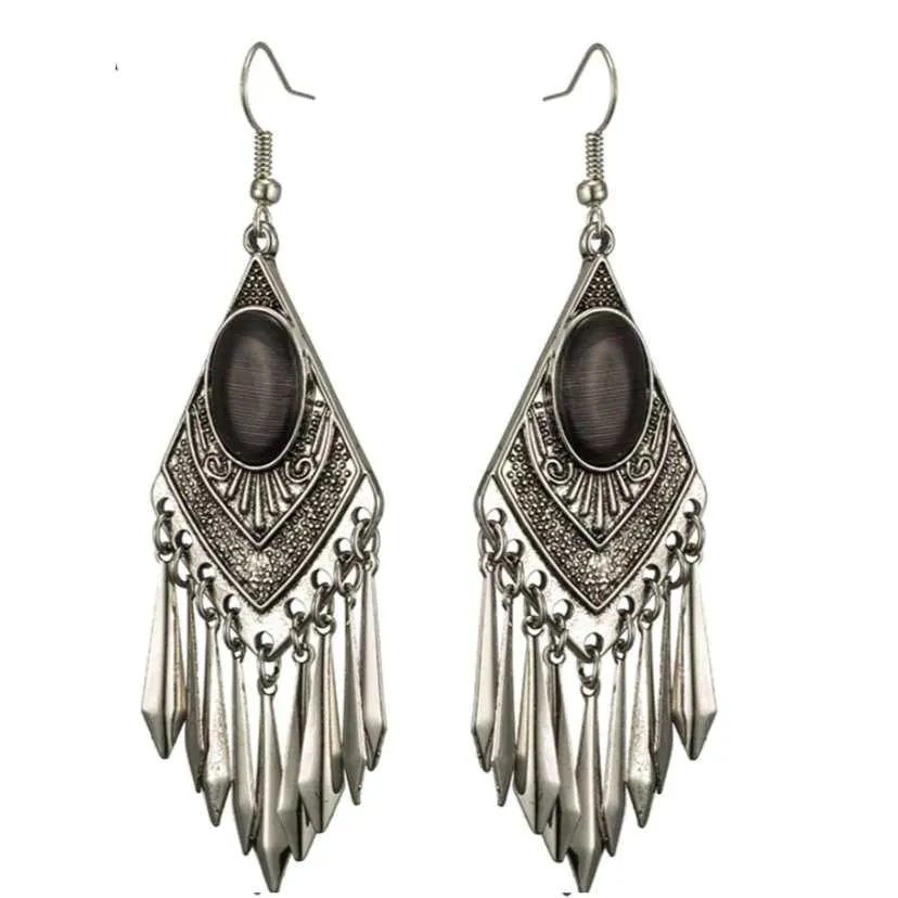 Black Cat's Eye Stone Boho Dangle Earrings for Women