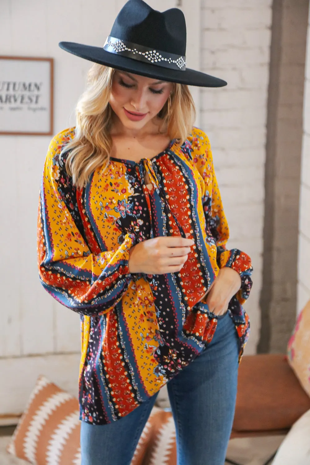 Boho Vertical Floral Front Tie Peasant Woven Blouse