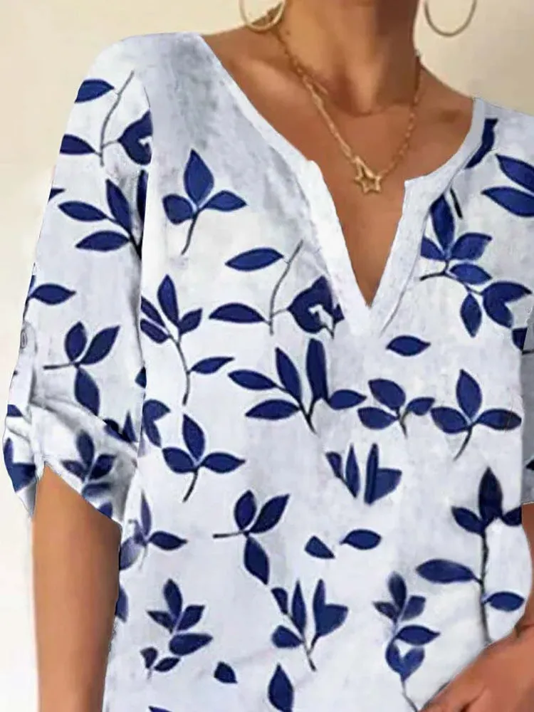 Casual temperament printed pullover short sleeve V-neck loose blouse