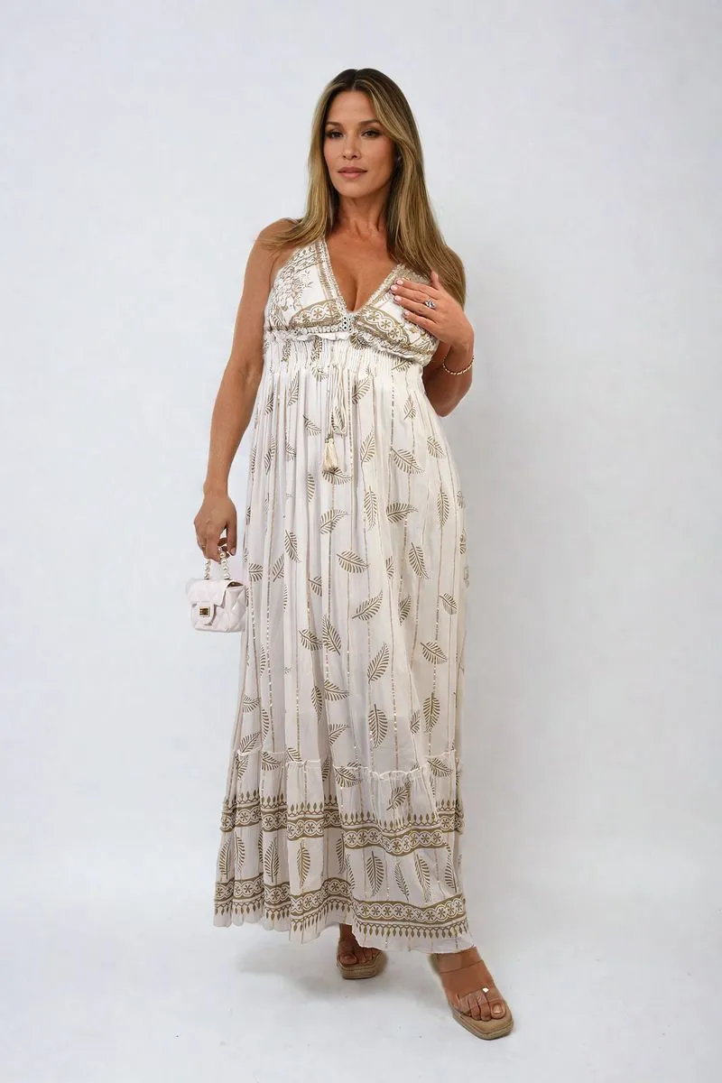 Dazzling Leaf Print Spaghetti Strap Maxi Dress