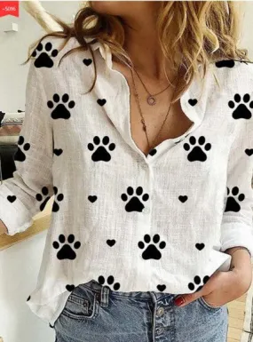 Dog paw print lapel long sleeve loose shirt