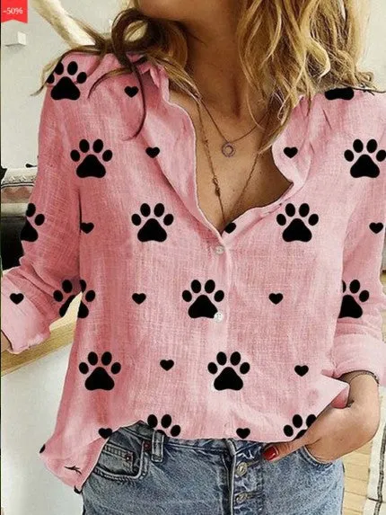 Dog paw print lapel long sleeve loose shirt