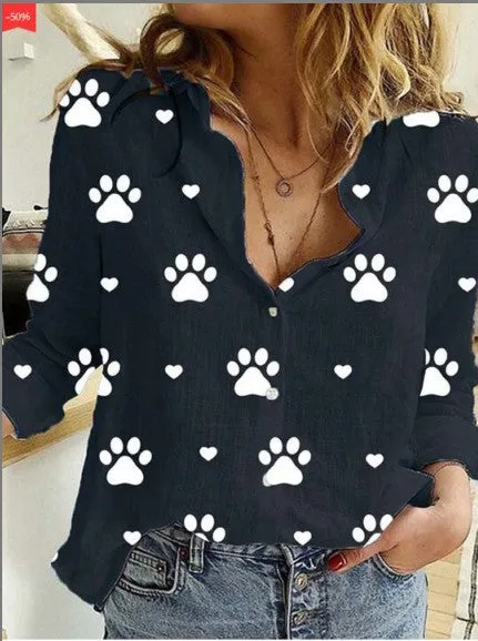 Dog paw print lapel long sleeve loose shirt