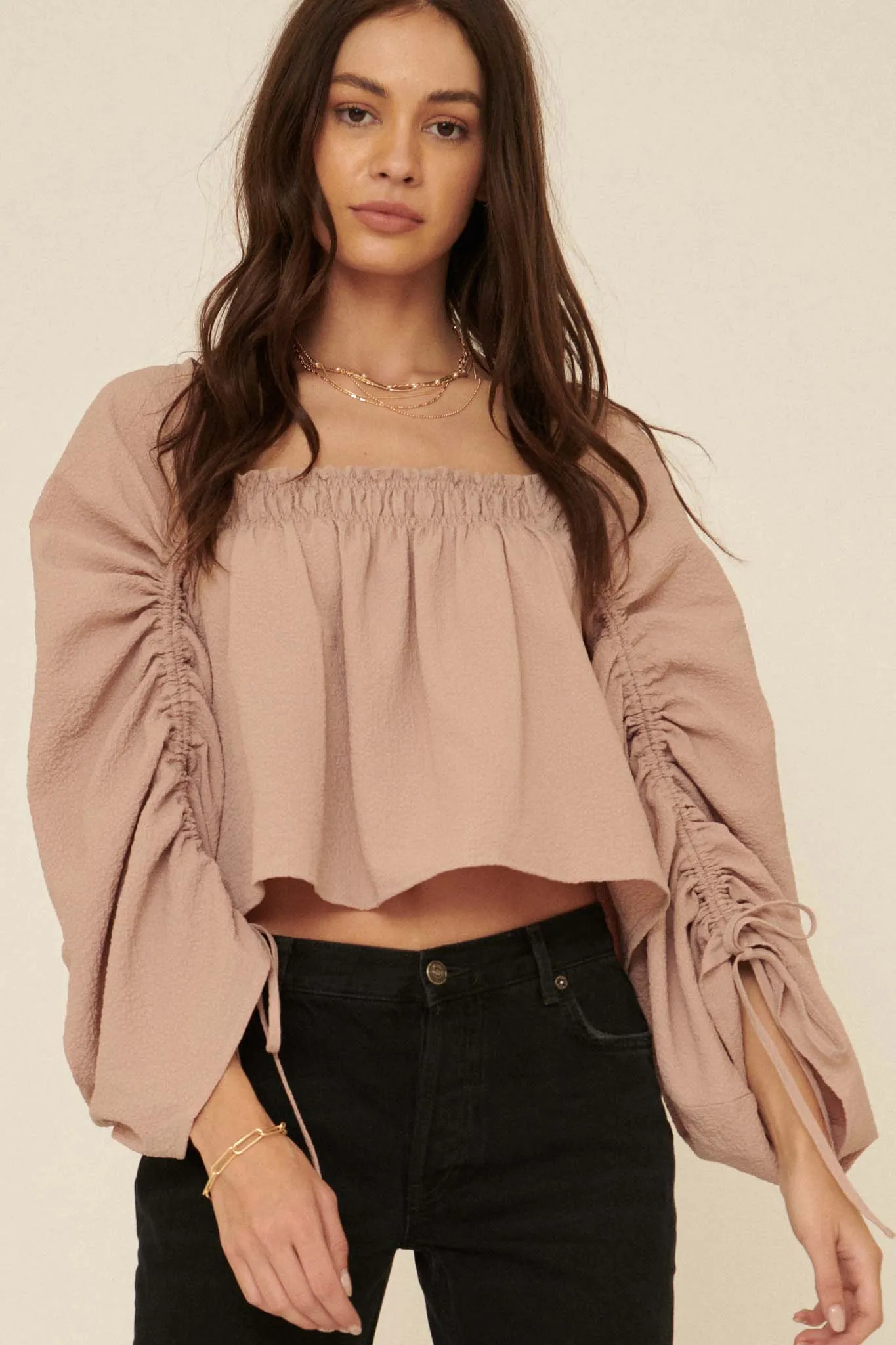 Fair Maiden Textured Drawstring Peasant Blouse