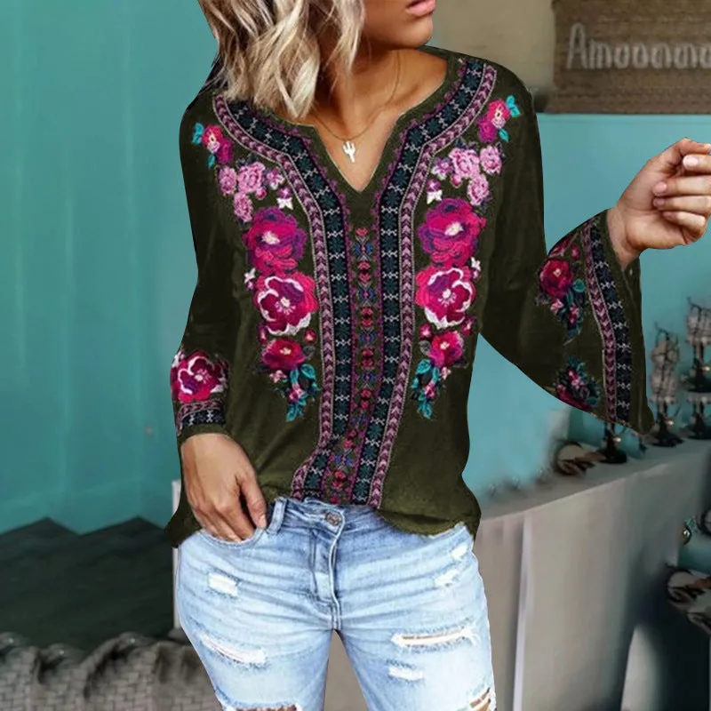 Fashion casual loose long sleeve printed T-shirt top