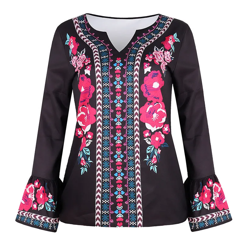 Fashion casual loose long sleeve printed T-shirt top