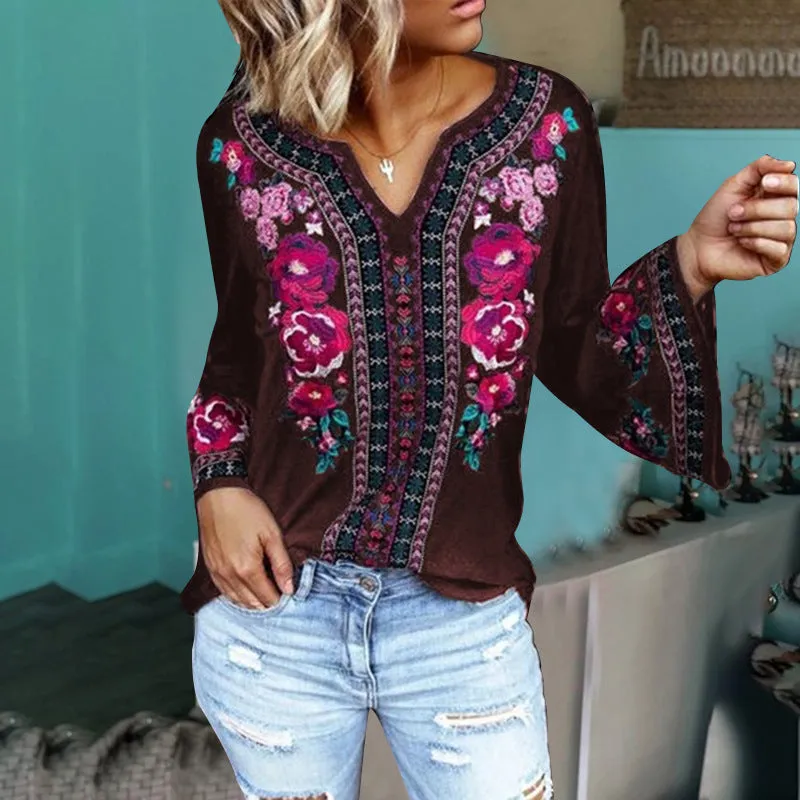 Fashion casual loose long sleeve printed T-shirt top