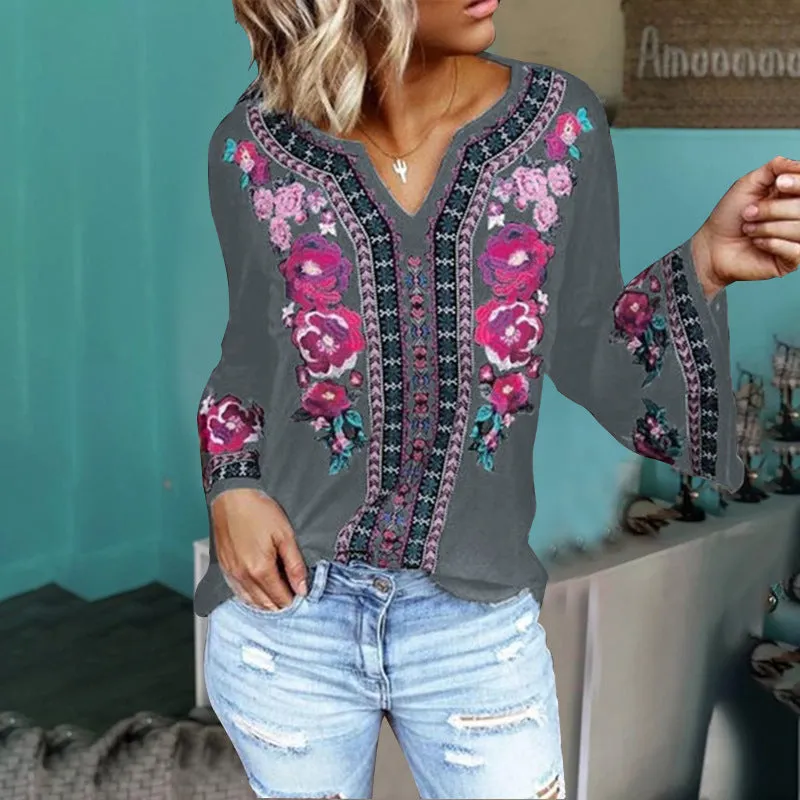 Fashion casual loose long sleeve printed T-shirt top