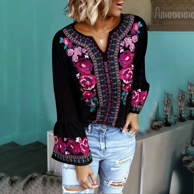 Fashion casual loose long sleeve printed T-shirt top