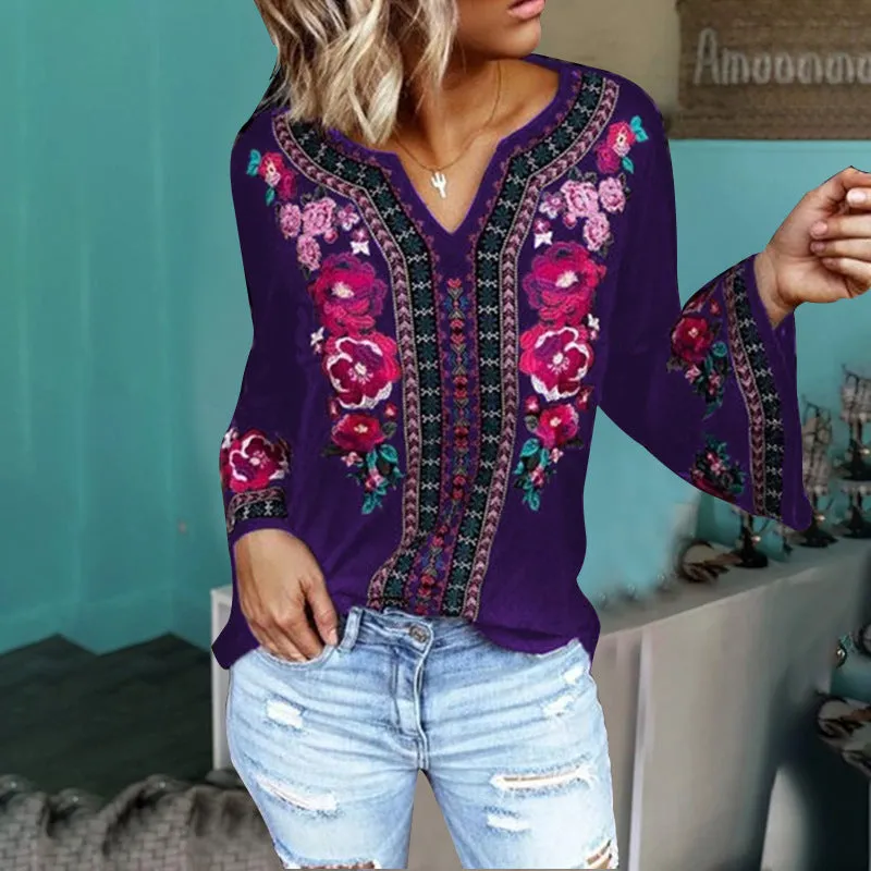 Fashion casual loose long sleeve printed T-shirt top