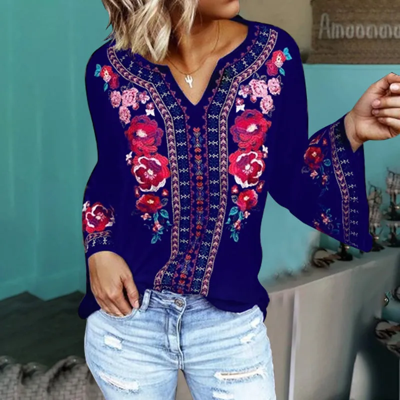 Fashion casual loose long sleeve printed T-shirt top