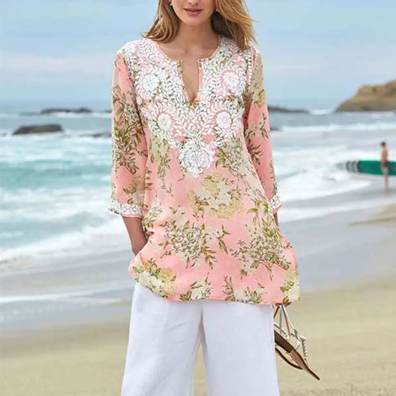 Fashion casual printed V-neck loose blouse