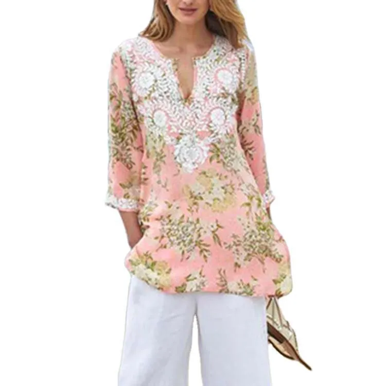 Fashion casual printed V-neck loose blouse