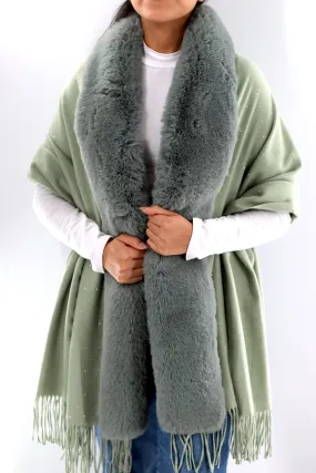 Faux fur trim wrap with Embellishments -Light Green