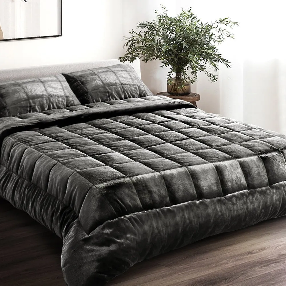 Faux Mink Quilt Fleece Throw Blanket Comforter Charcoal King