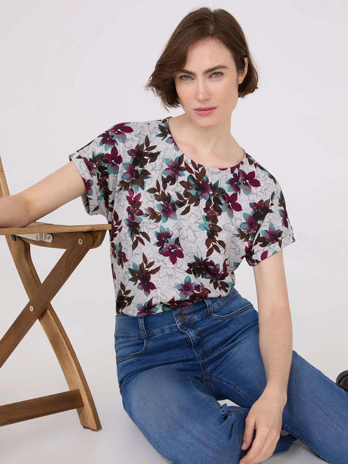 Floral Print Cuffed Dolman Sleeve T-Shirt