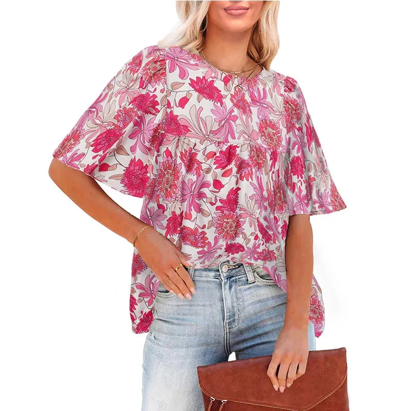 Floral Printed Boho Style Chiffon Summer Fashion Short Sleeve Loose Casual Streetwear Blouse for Women