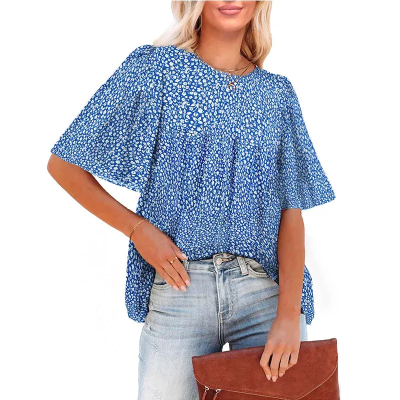 Floral Printed Boho Style Chiffon Summer Fashion Short Sleeve Loose Casual Streetwear Blouse for Women