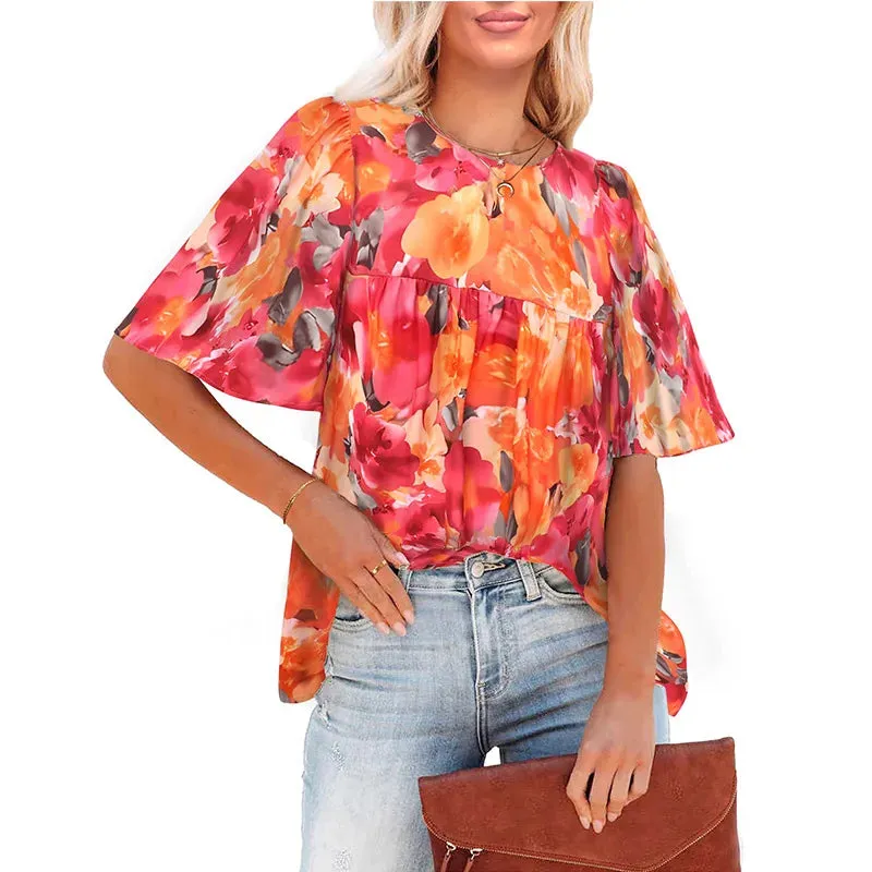 Floral Printed Boho Style Chiffon Summer Fashion Short Sleeve Loose Casual Streetwear Blouse for Women