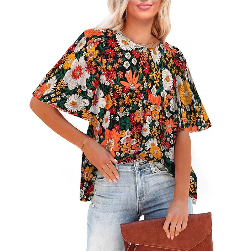 Floral Printed Boho Style Chiffon Summer Fashion Short Sleeve Loose Casual Streetwear Blouse for Women