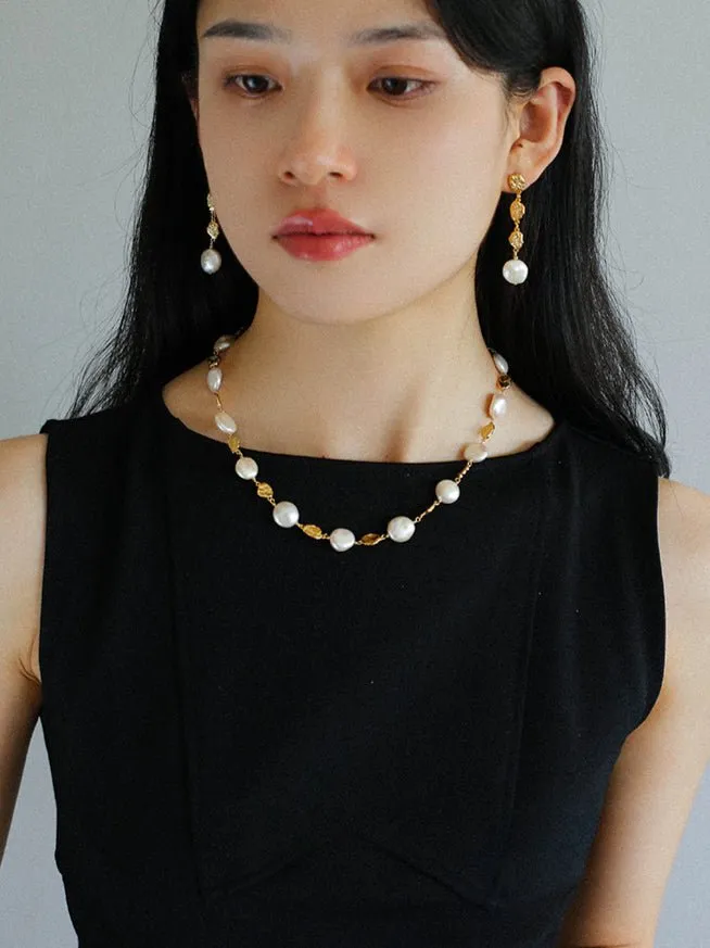 Gold Lava Coin Baroque Pearls Long Drop Earrings