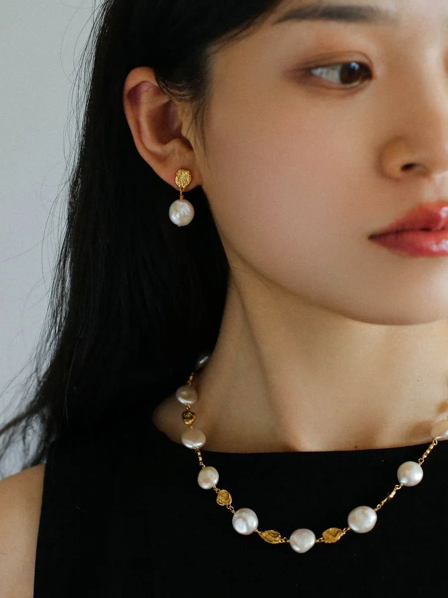 Gold Lava Coin Baroque Pearls Long Drop Earrings