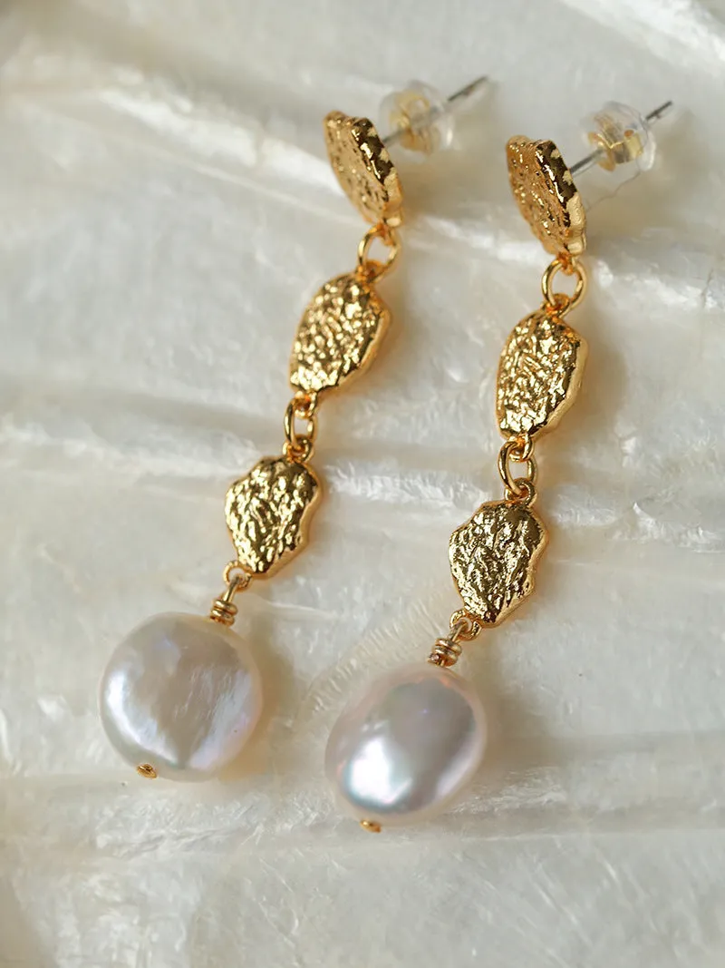 Gold Lava Coin Baroque Pearls Long Drop Earrings