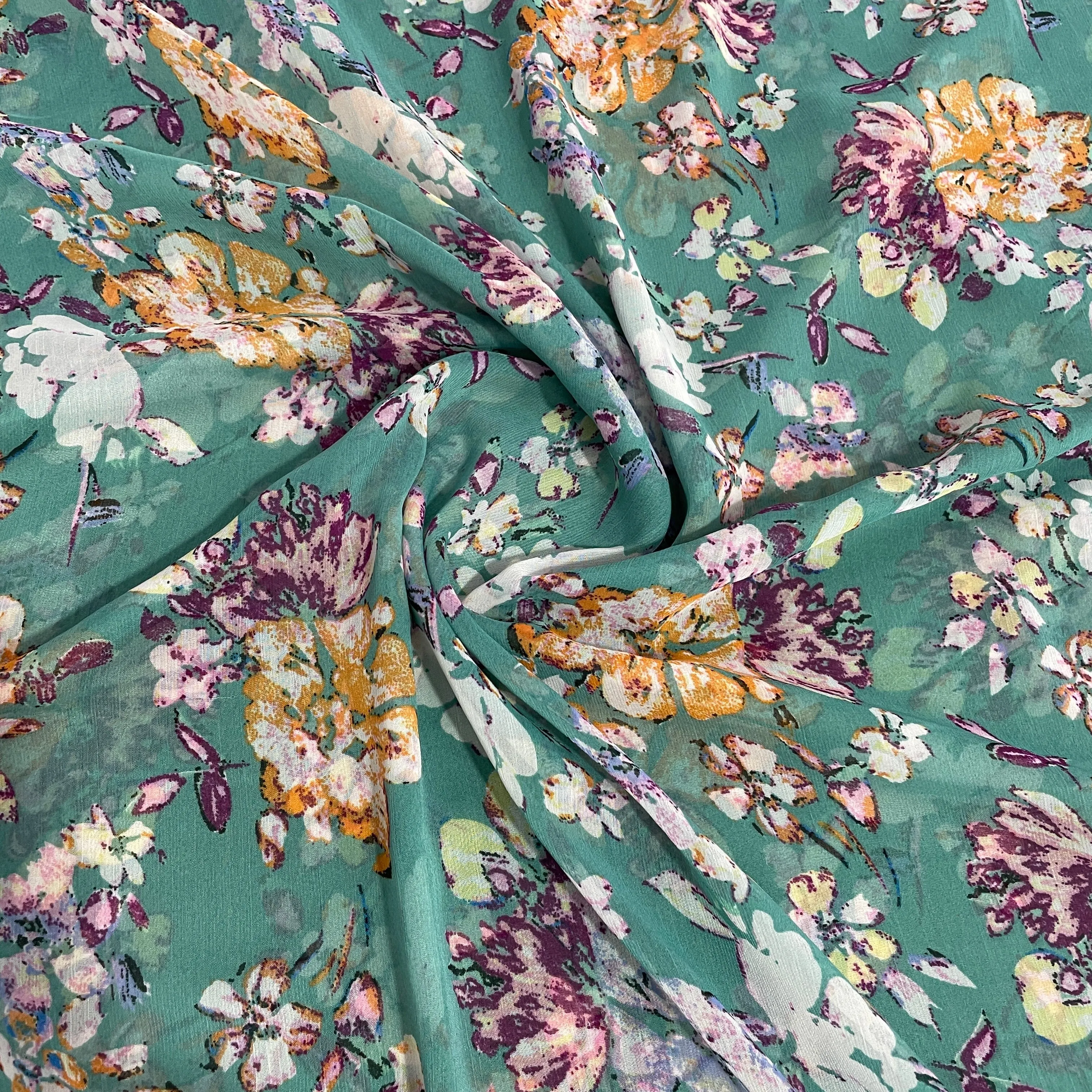 Green & Multicolor Floral Print Georgette Fabric