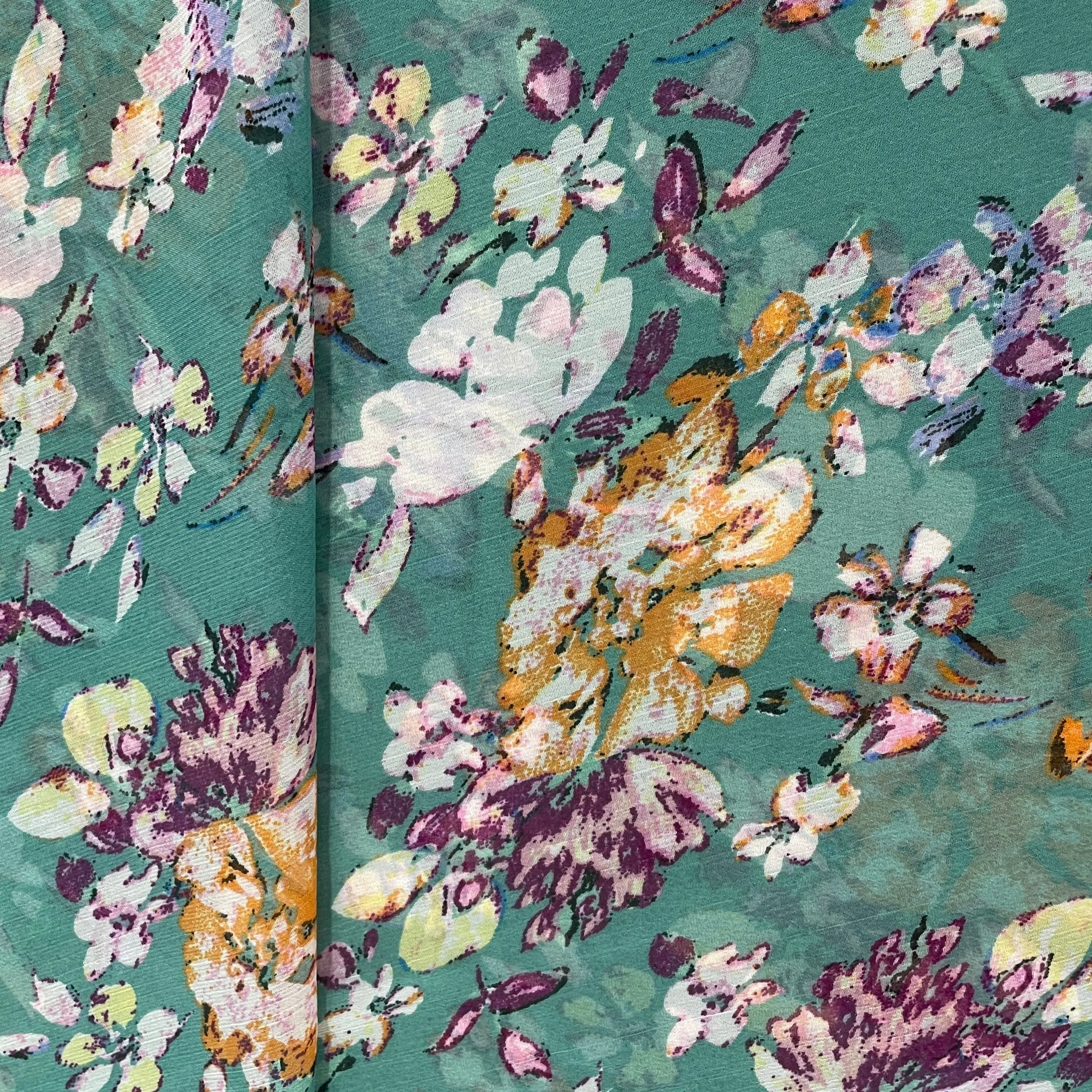 Green & Multicolor Floral Print Georgette Fabric