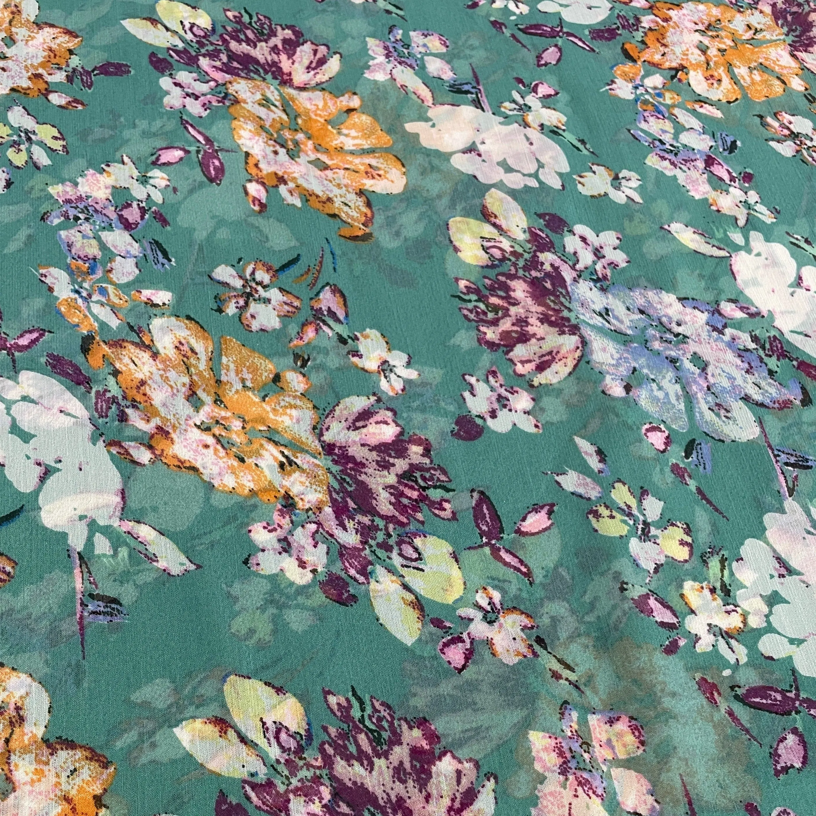 Green & Multicolor Floral Print Georgette Fabric