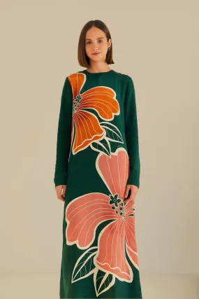 Green Honolulu Flowers Long Sleeve Maxi Dress