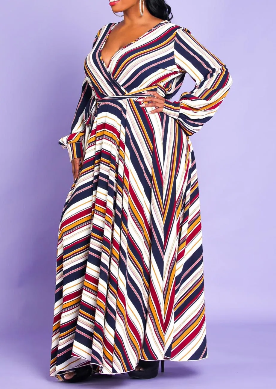 Hi Curvy Plus Size Women Multi Stripe Flare Maxi Dress