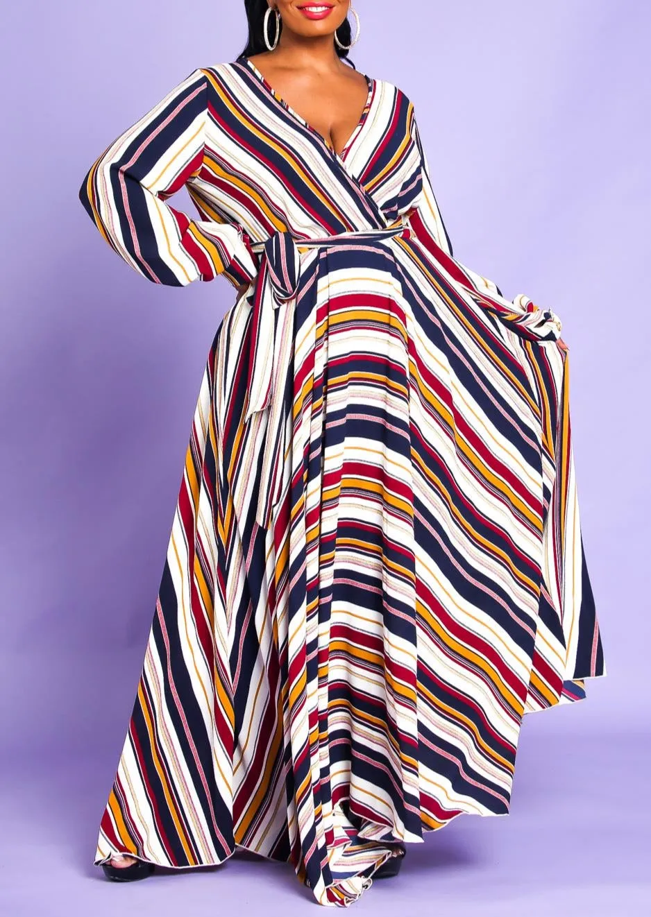 Hi Curvy Plus Size Women Multi Stripe Flare Maxi Dress