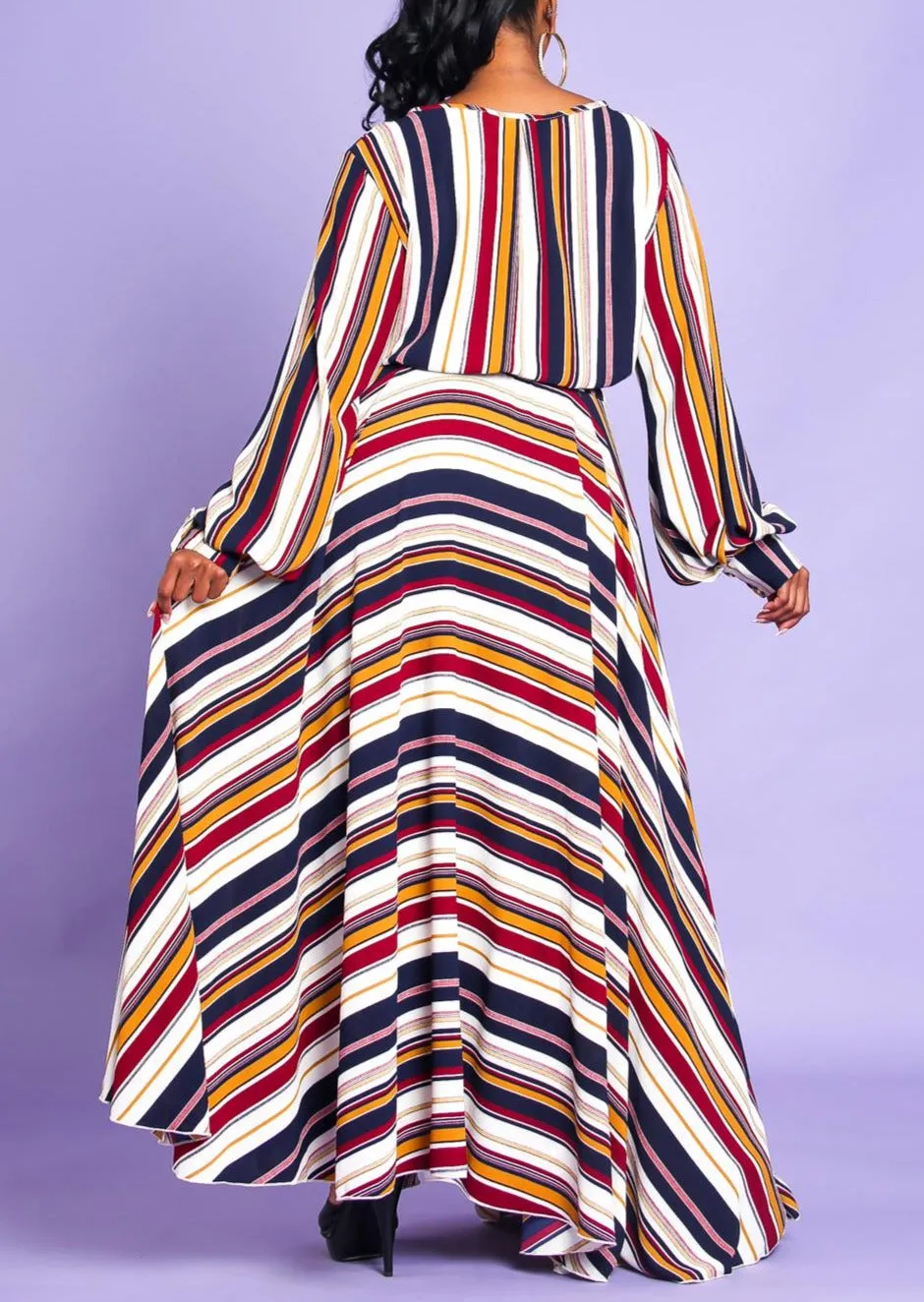 Hi Curvy Plus Size Women Multi Stripe Flare Maxi Dress