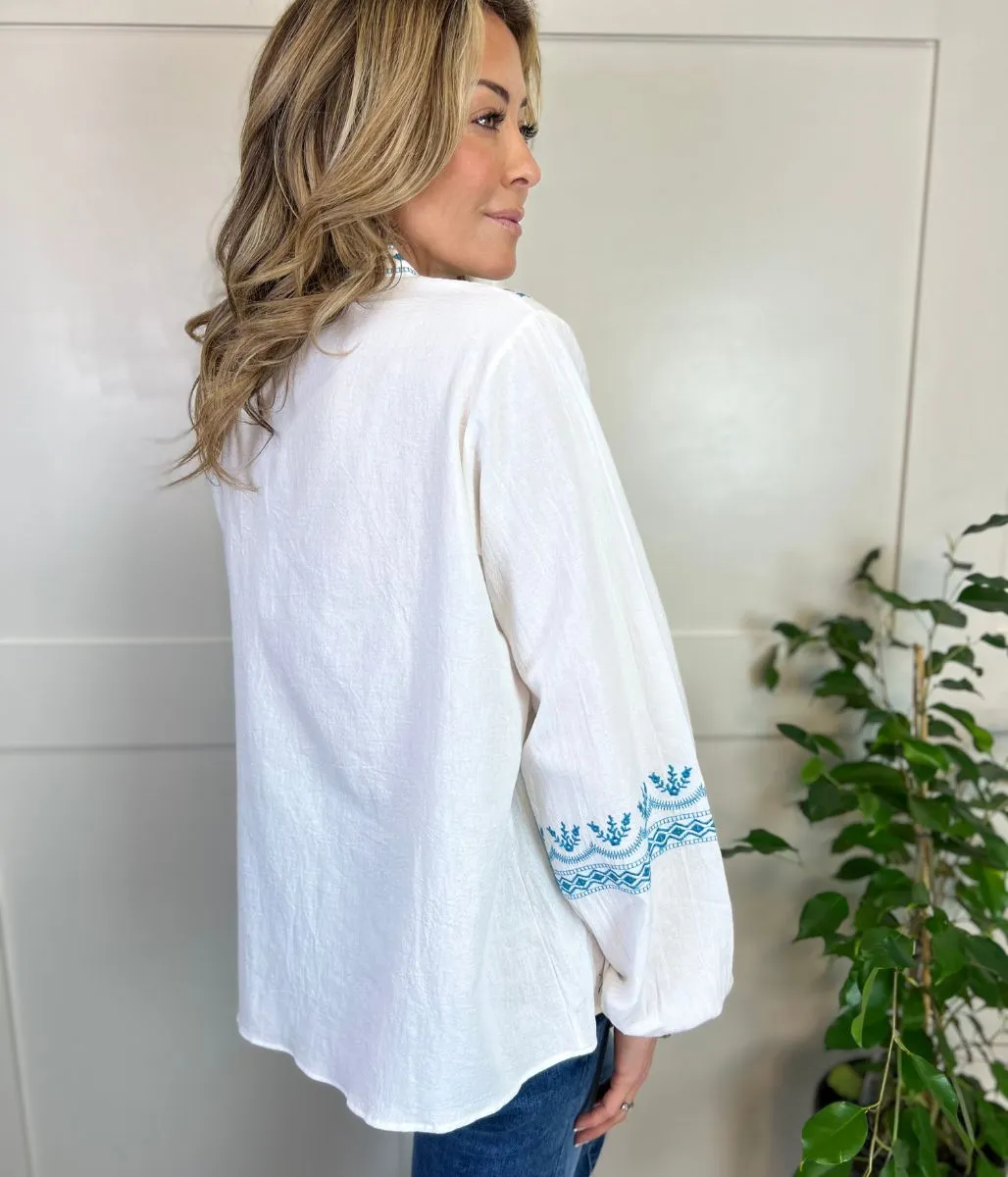 Ivory & Blue Boho Festival Embroidered Blouse Top