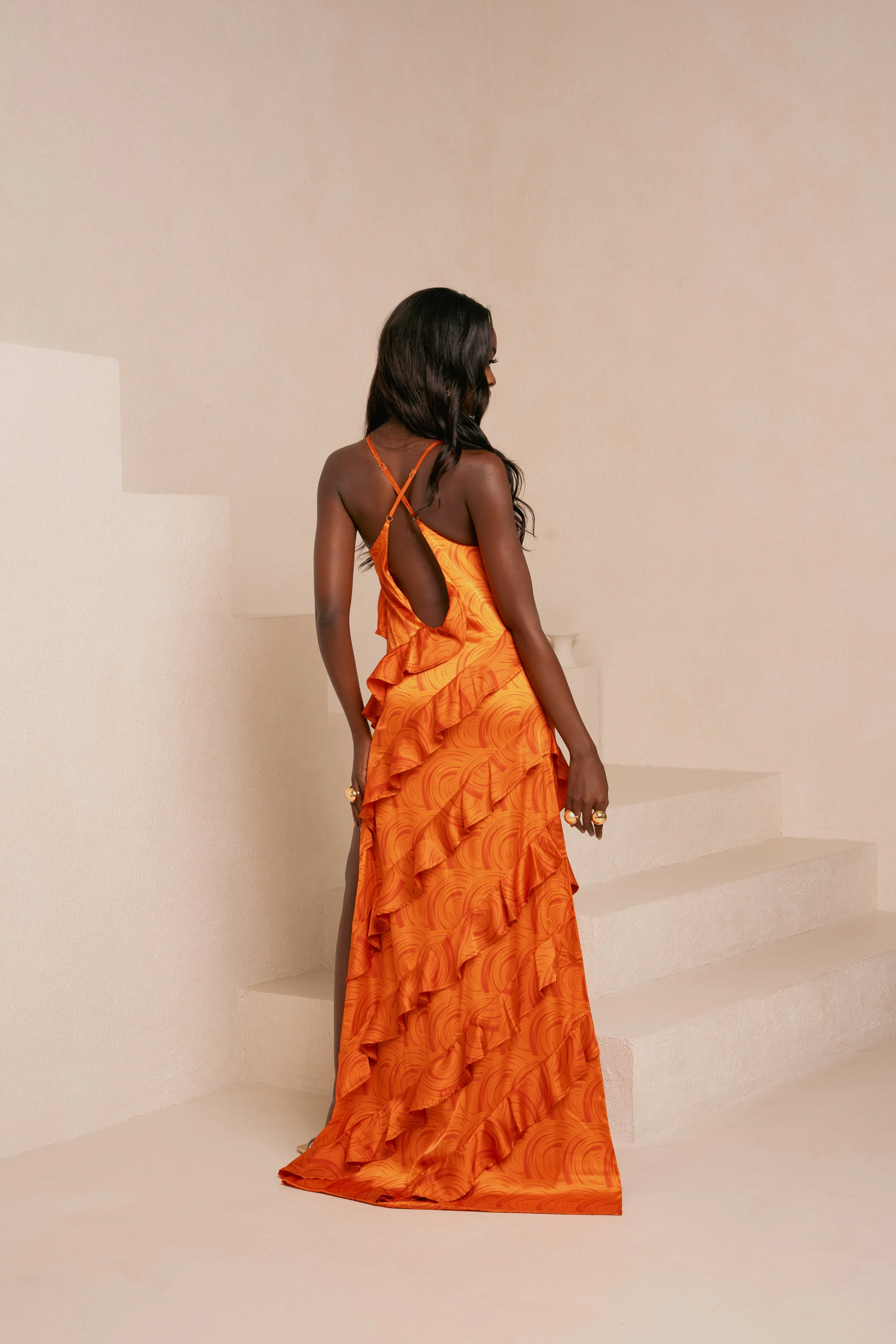 IZA ORANGE RUFFLE MAXI DRESS