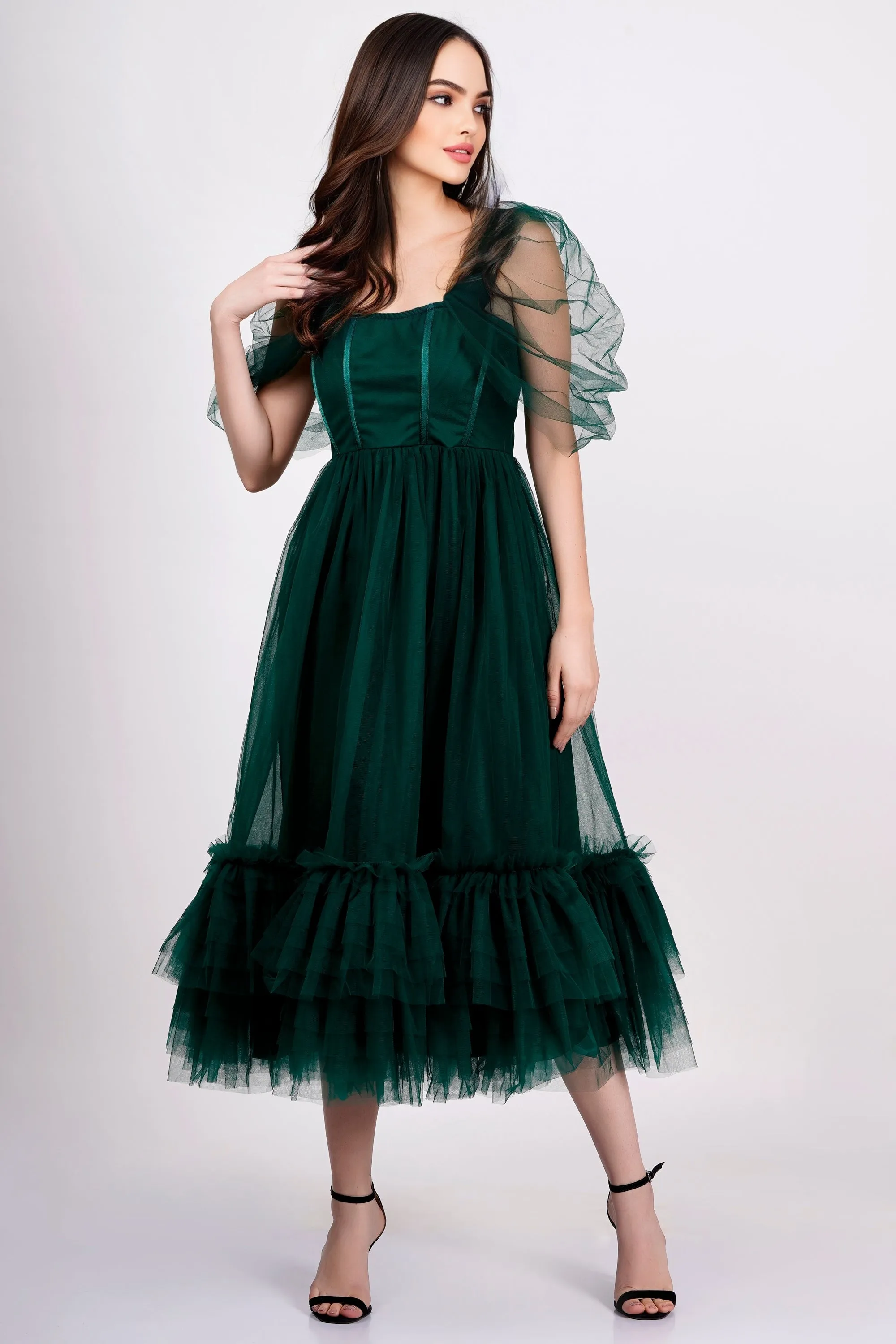 Jayne Emerald Green Tulle Midi Dress