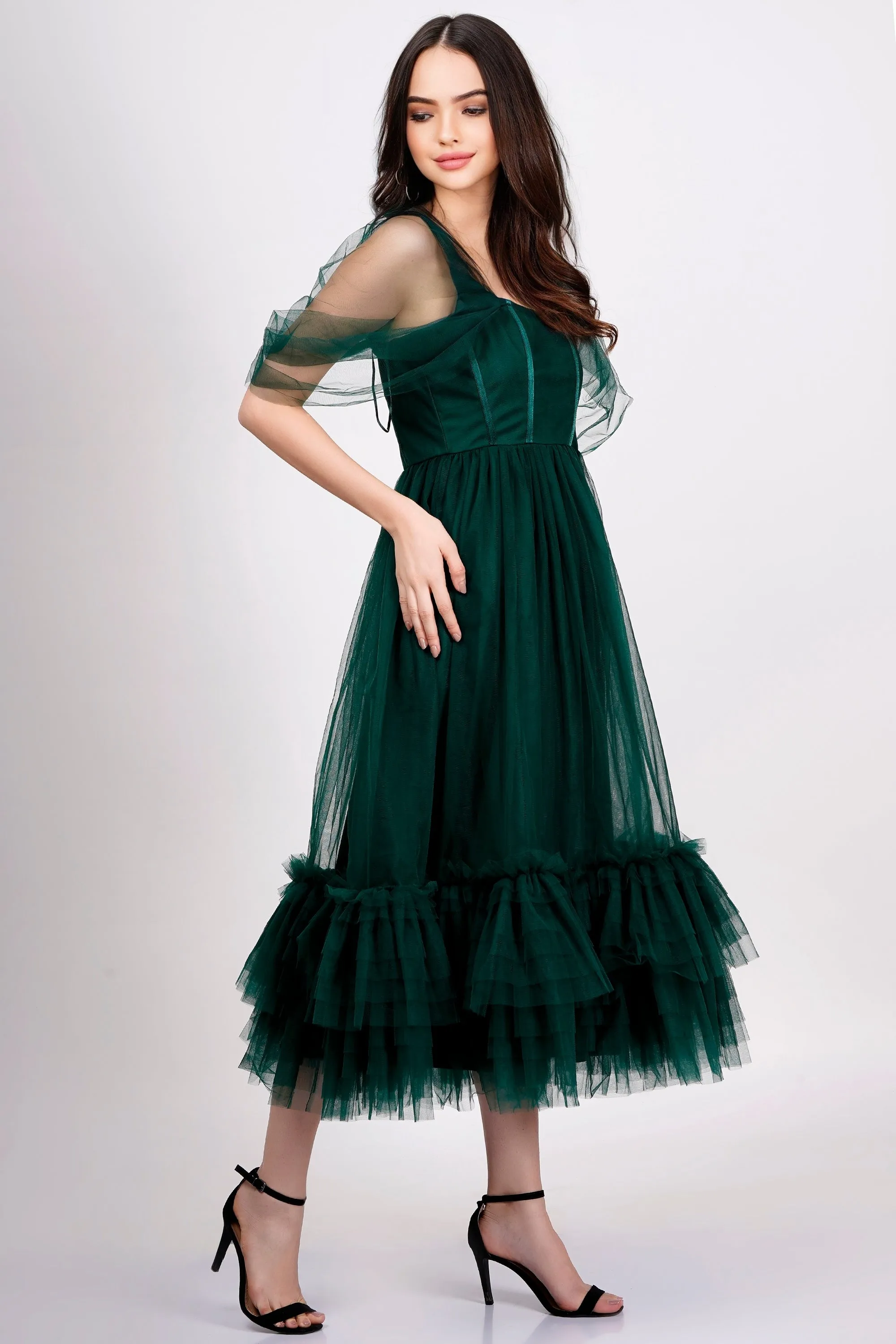 Jayne Emerald Green Tulle Midi Dress