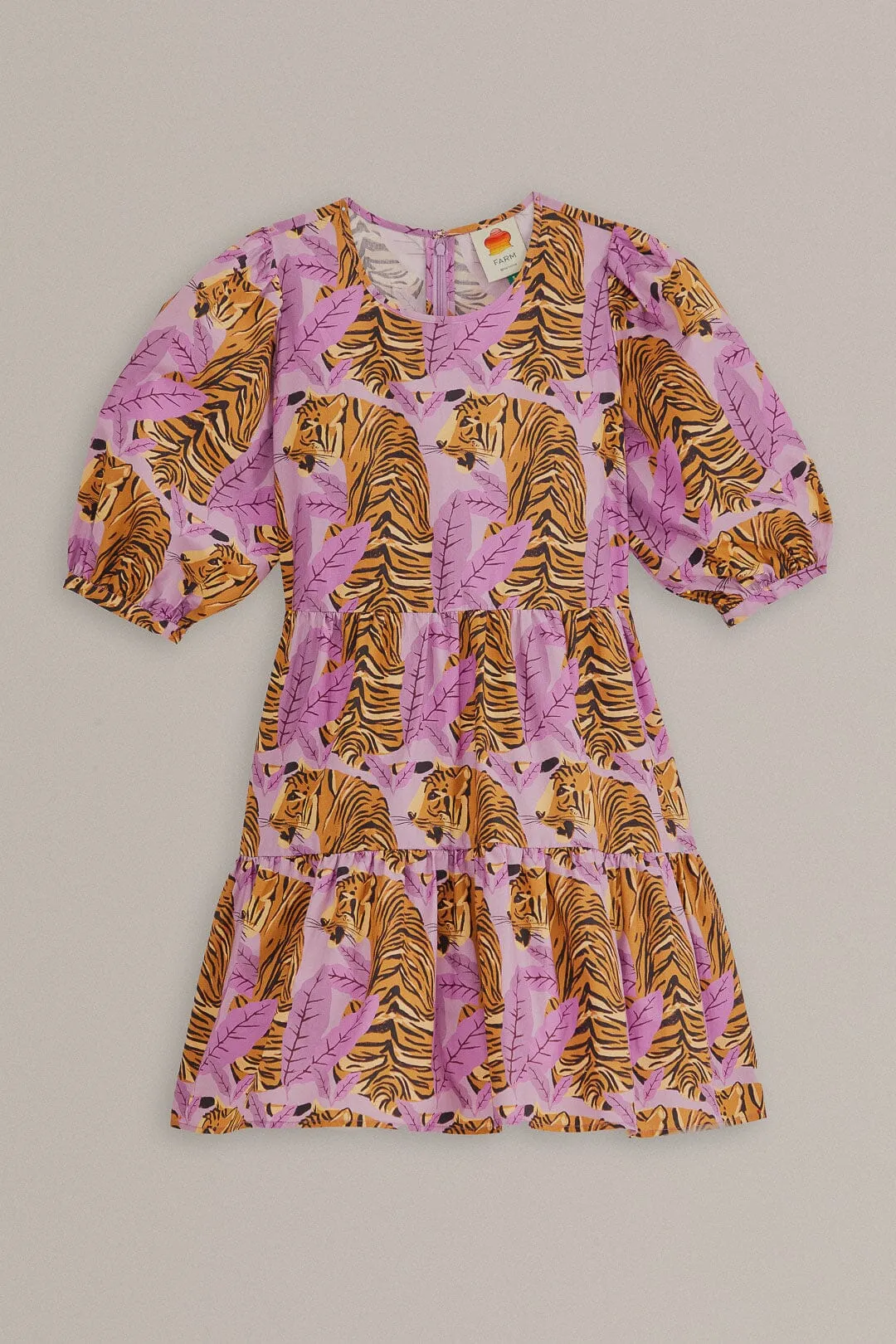 Lavender Tiger Leaves Puff Sleeve Mini Dress