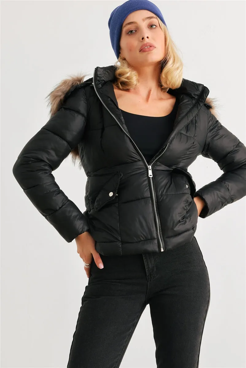 Long Sleeve Faux Fur Hood Padded Water Resistant Finish Jacket - 2 colors